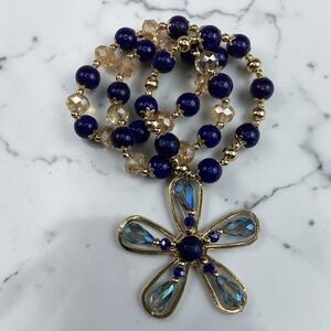 Handmade Mexican 3 Stretch Bracelets Lapis Lazuli Crystal Gold Flower Charm Blue